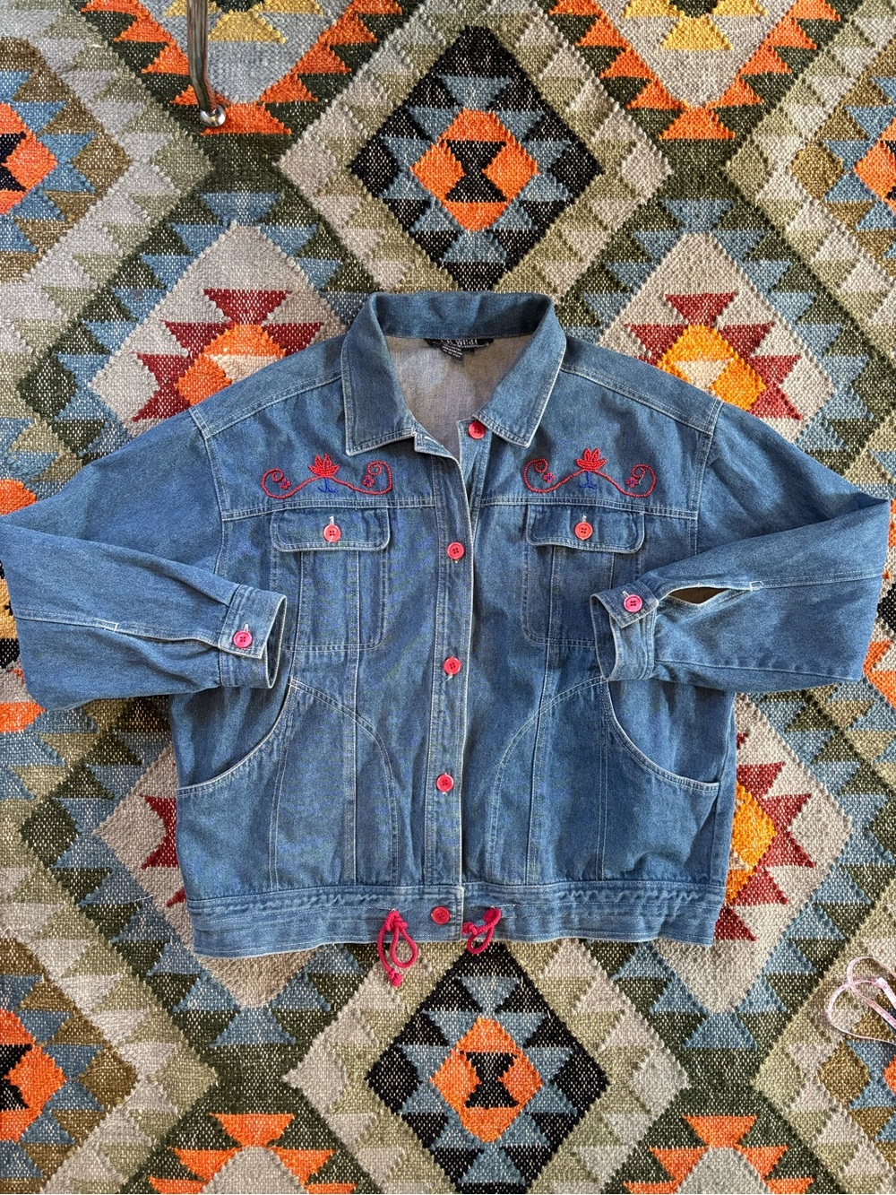 80s 90s Vintage Cotton Denim Country Cowgirl Beaded Jacket w. Drawstring